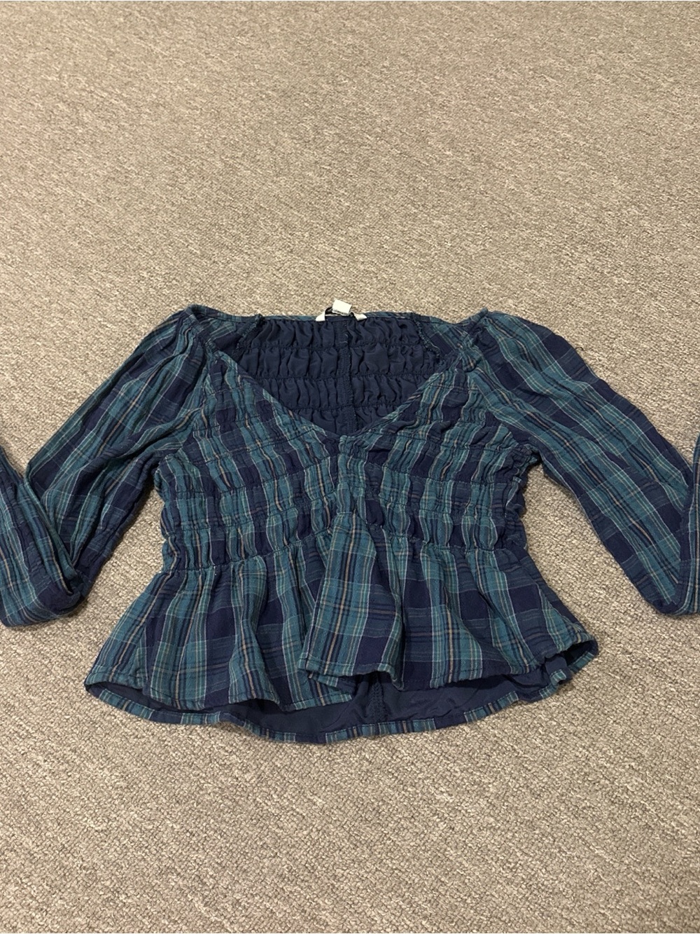 American Eagle Outfitters Navy and Teal Plaid Smocked Peplum Blouse